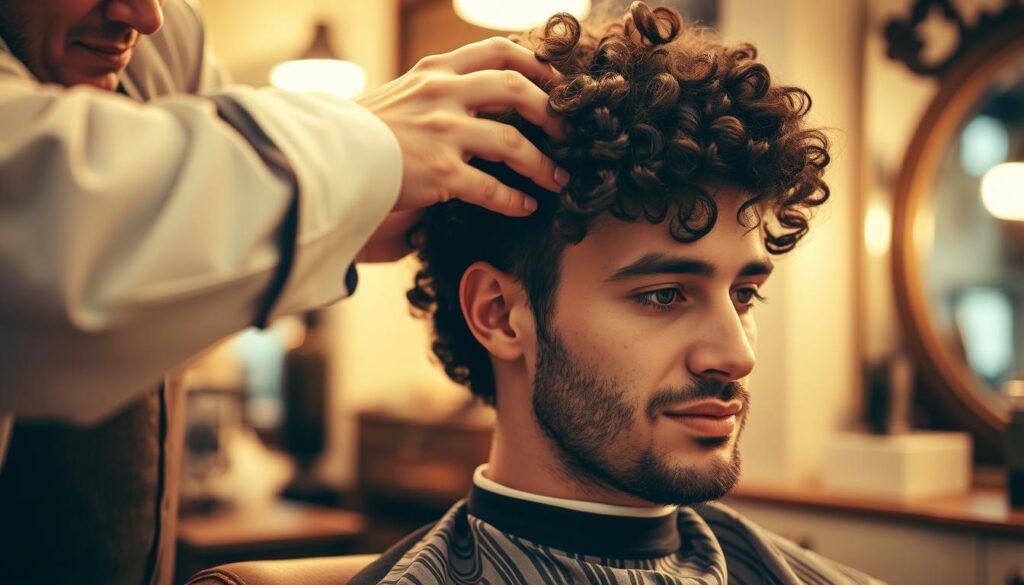 A well-groomed man sitting in a barbershop chair, his curly hair being meticulously trimmed by a skilled hairstylist. The scene is bathed in warm, diffused lighting, creating a calming, intimate atmosphere. The hairstylist's focus is evident as they delicately shape the man's locks, ensuring an even, refined cut. In the background, glimpses of vintage barber tools and classic decor hints at the timeless tradition of this ritual. The man's expression is one of relaxation and trust, understanding the importance of regular maintenance for his distinct, stylish curls.