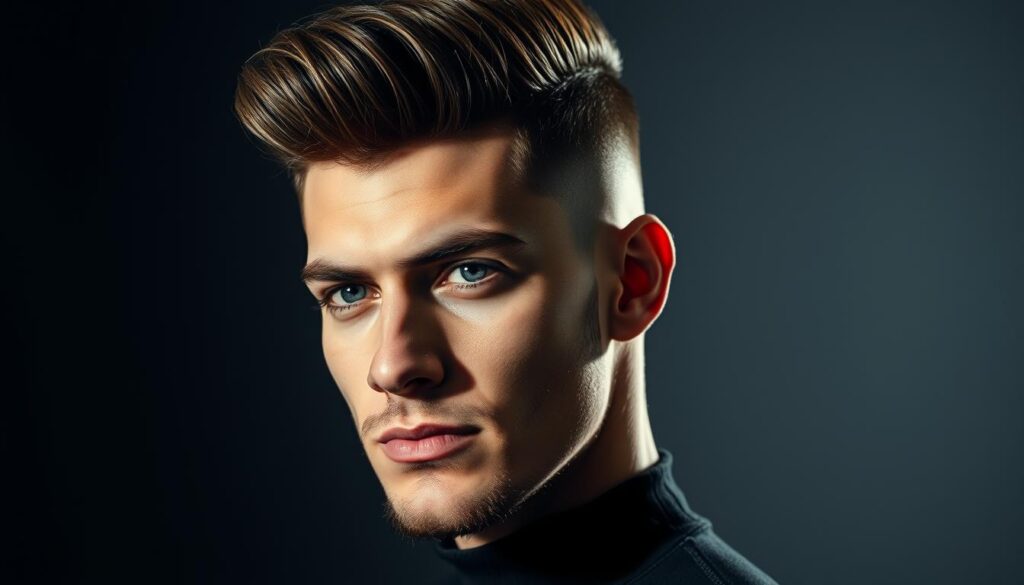 A well-groomed man with a sharp burst fade hairstyle, styled to perfection. The fade seamlessly transitions from closely cropped sides to a textured, voluminous top. Dramatic side lighting casts deep shadows, accentuating the contours and angles of the expertly tailored cut. The model exudes confidence and style, his gaze directed forward with a hint of a smirk. A clean, masculine atmosphere pervades the image, showcasing the burst fade as a sophisticated, high-impact look.