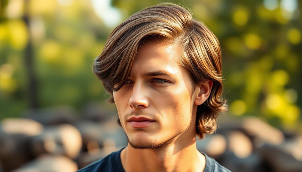 A well-groomed man with medium-length hair, styled with a slight side-part and a subtle wave, stands in a warm, natural light. The lighting casts gentle shadows, highlighting the texture and volume of his hair. The background is a serene, blurred natural setting, perhaps a lush garden or a tranquil forest, creating a sense of calm and balance. The man's expression is relaxed and confident, conveying a sense of effortless style and sophistication. The overall composition emphasizes the medium-length hair as the focal point, showcasing its versatility and the polished, yet natural, appearance it can achieve.