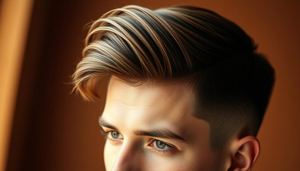 A well-groomed middle taper fade haircut, captured in a warm, natural lighting. The top hair flows effortlessly, gradually transitioning into closely-cropped sides and back, creating a sleek, modern silhouette. The subject's face is in sharp focus, their expression serene, showcasing the versatility and appeal of this classic men's style. The background is a soft, blurred studio setting, allowing the hairstyle to be the central focus. Shot with a high-quality DSLR camera, using a prime lens to accentuate the depth of field and deliver a visually striking, cinematic quality.