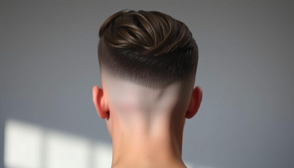 A well-groomed skin fade haircut, the back and sides neatly trimmed to a close, faded length, transitioning seamlessly into the longer hair on top. The mid-section features a distinct line, guiding the eye towards the textured, lightly tousled styling on the crown. Soft, directional lighting accentuates the fade's precision, casting subtle shadows that define the contours of the head. The overall impression is one of polish, sophistication, and a well-maintained personal aesthetic.