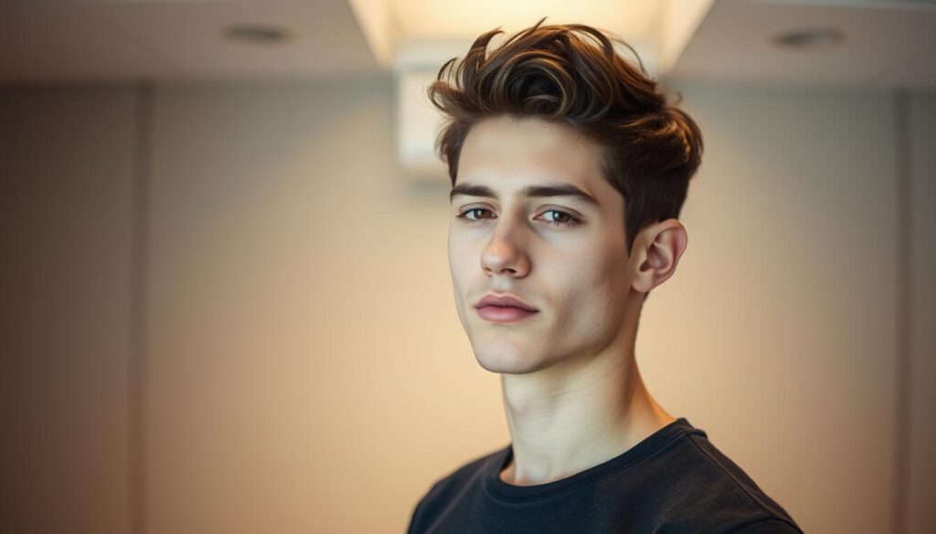 A well-groomed young man with a clean-cut, medium-length hairstyle stands in a modern, minimalist setting. The lighting is soft and diffused, creating a warm, inviting atmosphere. His styled, textured locks frame his face, adding a touch of effortless sophistication to the classic look. In the background, a simple, neutral-toned wall provides a clean, uncluttered backdrop, allowing the subject to be the focus of the image. The overall impression is one of contemporary, masculine elegance with a subtle, stylish twist.