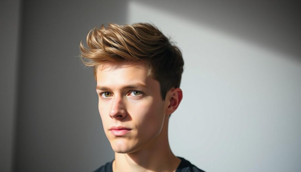 A well-groomed young man with short, textured hair styled in the distinctive "Edgar" cut. The foreground focuses on his head, capturing the layered, tapered sides and the longer, swept-back top section. The lighting is soft and flattering, casting subtle shadows that accentuate the cut's dimensional texture. The middle ground blurs into a minimalist, neutral background, keeping the attention on the hairstyle's intricate details and clean lines. The overall mood is one of modern, stylish sophistication, reflecting the contemporary appeal of the Edgar haircut.