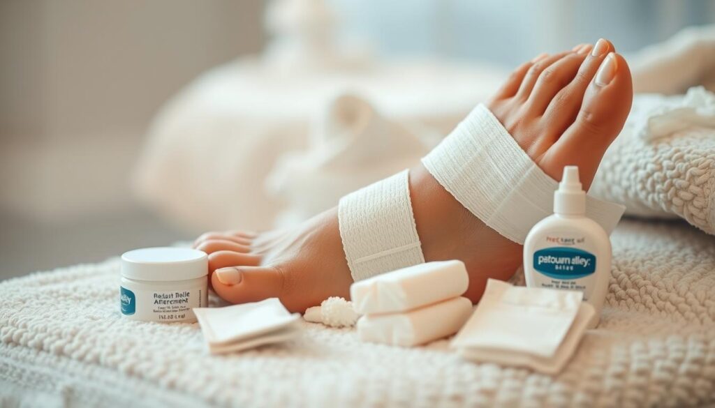 A well-lit, close-up photograph of a person's foot resting on a soft, plush towel. The foot is wrapped in breathable bandages, with gentle aftercare products such as healing ointment, petroleum jelly, and clean gauze pads arranged neatly beside it. The background is blurred, creating a serene, spa-like atmosphere, with muted colors and soft, diffused lighting to convey a sense of relaxation and care. The overall composition emphasizes the importance of proper foot tattoo aftercare, with a focus on the essential steps and products needed to ensure a smooth healing process.