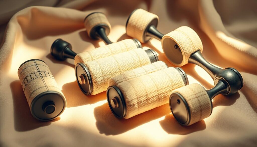 A well-lit, close-up shot of several vintage-style hair setting lotion rollers arranged on a soft, pale-colored fabric or surface. The rollers are of varying sizes and styles, with a classic 1940s aesthetic. The lighting is warm and natural, casting gentle shadows and highlighting the intricate textures and details of the rollers. The composition is balanced and visually appealing, creating a sense of anticipation for the 1940s-inspired hairstyle to come. The overall mood is one of nostalgic elegance and preparation for a timeless, glamorous look.