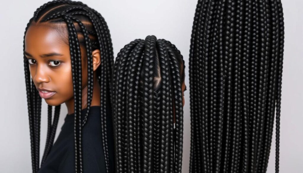 A well-lit, closeup photograph of three different lengths of knotless braids, ranging from short, shoulder-length styles to long, waist-length ones. The braids are displayed against a plain, neutral background, allowing the textures and intricate patterns of the hairstyles to be the focal point. Soft, diffused lighting casts gentle shadows, accentuating the dimensional quality of the braids. The camera angle is straight-on, creating a clean, professional composition that showcases the size, shape, and versatility of knotless braid styles. The overall mood is serene and minimalist, highlighting the elegance and sophistication of this popular hair trend.