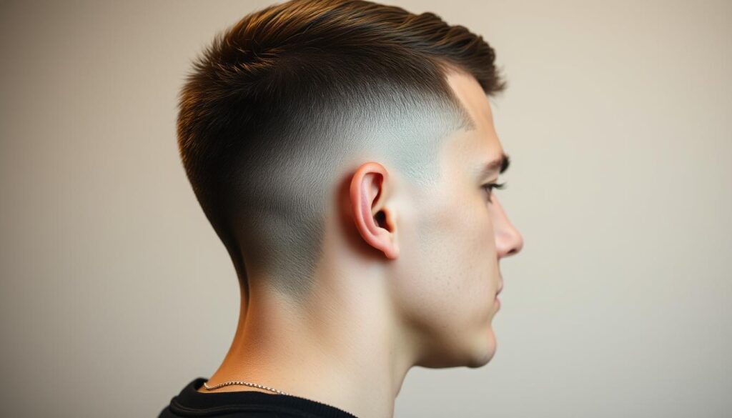 A well-lit, high-resolution close-up of a mid fade haircut. The sides and back are closely trimmed, transitioning seamlessly into longer hair on top. The texture is smooth and even, with subtle gradients from the shorn areas to the fuller crown. Warm, directional lighting accentuates the nuanced contours and clean lines of the style. The subject is facing slightly to the side, offering a clear view of the fade's depth and precision. A neutral, minimalist background allows the haircut to be the sole focus, showcasing its modern, sophisticated aesthetic.