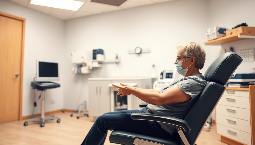 A well-lit medical office interior, with a person sitting comfortably in an examination chair. The person's arm is extended, and a healthcare professional is carefully examining the person's tattoo. In the background, medical equipment and supplies are neatly arranged, conveying a sense of professionalism and care. The lighting is warm and inviting, creating a calming atmosphere. The scene depicts the process of evaluating a person's eligibility to donate blood after receiving a new tattoo, emphasizing the importance of following proper protocols to ensure the safety of both the donor and the recipient.