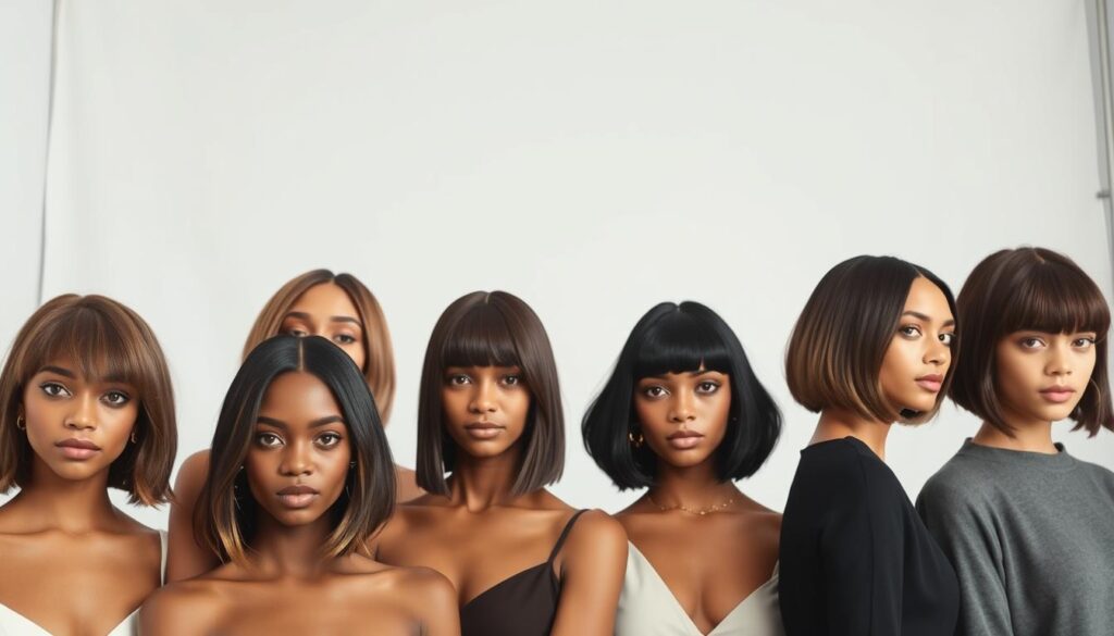 A well-lit studio photograph showcasing a variety of bob haircuts on diverse models. The foreground features close-up shots of different bob styles, including a classic chin-length bob, a layered lob, and a blunt bob with bangs. The middle ground shows the models facing the camera at different angles to highlight the versatility of the cuts. The background is a simple white seamless backdrop, allowing the hairstyles to be the central focus. The lighting is soft and even, creating a professional, editorial look. The models have natural, polished makeup and minimal jewelry to draw the eye to their hairstyles. The overall mood is sophisticated and aspirational, reflecting the elegant and timeless nature of the bob cut.