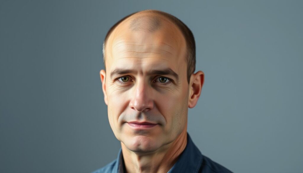 A well-lit, studio portrait of a middle-aged male subject with a balding head and short, neatly trimmed hairstyles. The subject has a slightly receding hairline and some visible thinning on the crown of the head. The lighting is soft and flattering, creating gentle shadows that highlight the contours of the subject's face and head. The background is a simple, neutral backdrop that keeps the focus on the subject's haircut and facial features. The overall mood is calm, professional, and showcases the classic, versatile look of a short, trimmed hairstyle that transitions well to a bald, shaved head.