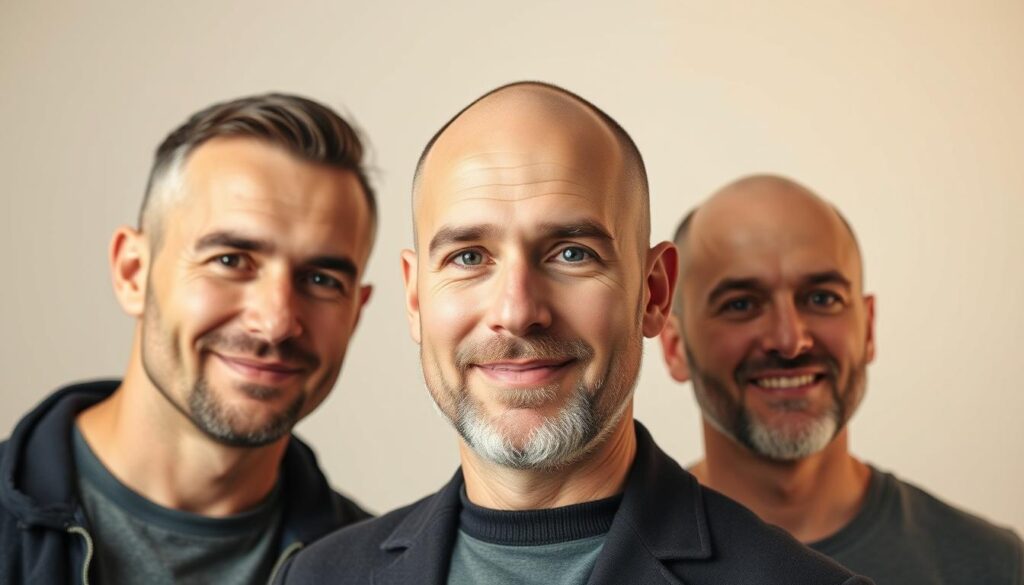 A well-lit studio setting featuring three diverse, middle-aged men with varying degrees of balding. The men are showcased in a flattering 3/4 view, with professional grooming and styling that highlights their unique facial features and receding hairlines. The lighting is warm and soft, creating a relaxed, natural atmosphere. The background is a clean, neutral backdrop that allows the subject to stand out. The camera angle is slightly elevated, giving a confident, aspirational perspective. The overall mood conveys the confidence and style that balding men can embrace through the right haircut and styling choices.