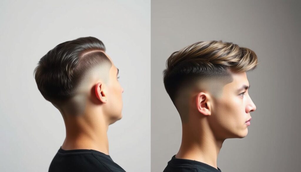 A well-lit studio shot capturing the distinct profiles of a burst fade and a drop fade haircut. The burst fade features a gradually tapered neckline and defined temple fades, while the drop fade showcases a sharper, more angular transition from the longer hair on top to the closely cropped sides. Both styles are presented against a clean, minimalist backdrop to highlight the intricate textures and lines of the cuts. Subtle lighting accentuates the depth and dimension of the hairstyles, conveying a sense of precision and craftsmanship. The image provides a clear visual comparison of these two popular fade variations, aiding in the understanding of their unique shapes, maintenance needs, and suitability for different facial structures.