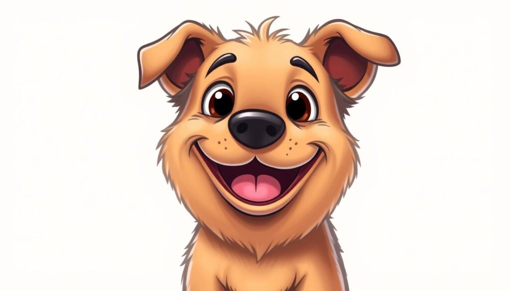 A whimsical, cartoon-style portrait of a friendly, playful dog with a bright, cheerful expression. The dog's features are exaggerated and simplified, with large, expressive eyes, a cute button nose, and a wide, toothy grin. The dog's fur is rendered in soft, stylized brushstrokes, with a fluffy, textured appearance. The background is a clean, minimalist setting, perhaps a simple gradient or pastel color, allowing the dog's vibrant personality to take center stage. The lighting is soft and diffused, creating a warm, inviting atmosphere. The overall aesthetic is charming, endearing, and perfectly suited for a stylized dog tattoo design.