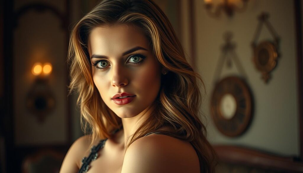 A woman with elegant, flowing locks cascading down her shoulders in soft waves, capturing the essence of 1920s glamour. Soft, warm lighting illuminates her face, accentuating her delicate features and sultry gaze. The scene is set against a backdrop of a vintage-inspired interior, with subtle Art Deco accents and muted, earthy tones that evoke the timeless charm of the Roaring Twenties. The overall mood is one of timeless beauty and effortless sophistication, inviting the viewer to imagine the woman's story and the authentic 1920s style she embodies.
