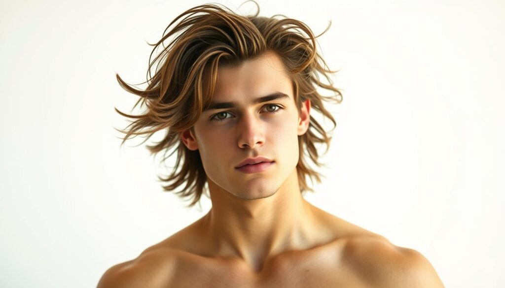 A young, athletic male model with a medium-length, effortlessly textured hairstyle stands against a minimalist, light-filled backdrop. Soft, diffused natural lighting bathes his face and hair, creating a sense of movement and flow. The model's gaze is confident and relaxed, embodying the casual, carefree aesthetic of the "bro flow" style. The image captures the subject's hair texture in vivid detail, showcasing the flowing, dynamic layers that define this trendy, low-maintenance look.