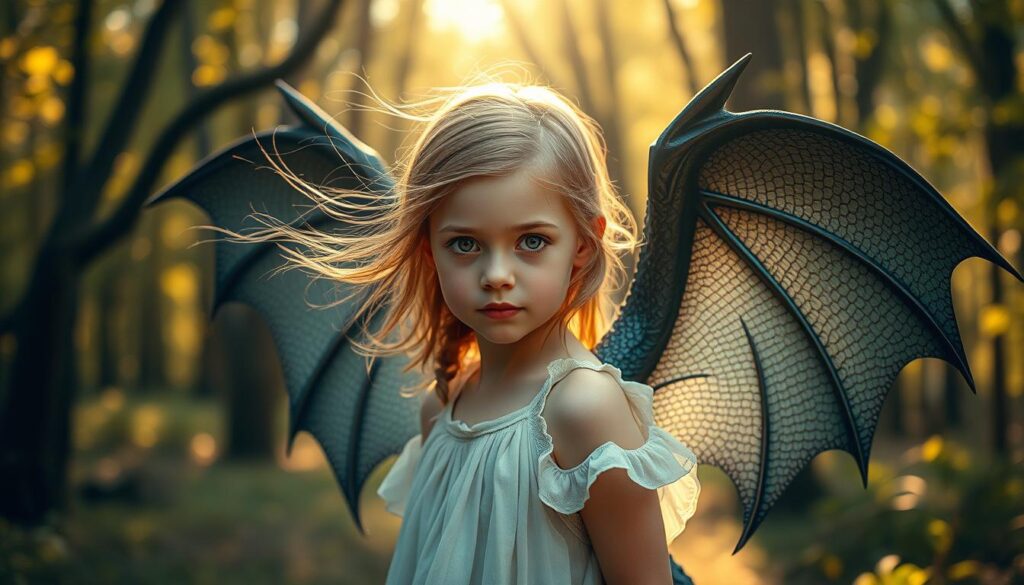 A young girl with a delicate, ethereal beauty stands tranquilly amidst a serene woodland scene. Wisps of her flowing hair dance in a gentle breeze, as her eyes gaze with a pensive, almost melancholic expression. Emerging from her back are the magnificent wings of a dragon, the scales shimmering with a mesmerizing iridescence. The dragon's presence is not overbearing, but rather in harmonious balance with the girl's delicate features, creating a captivating fusion of human and mythical creature. Soft, warm lighting filters through the canopy of trees, casting a glowing, almost mystical ambiance over the scene. The overall mood is one of introspection, wonder, and a sense of the enchanting and the unknown.