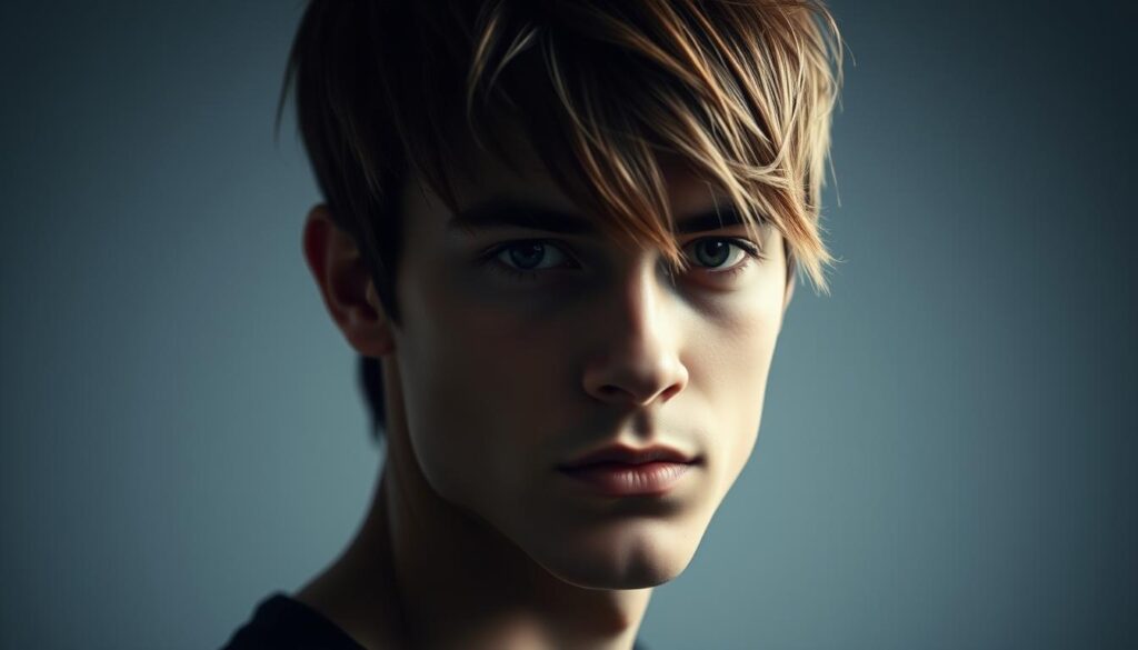 A young man with a stylish medium-length haircut featuring a prominent, forward-swept fringe. He has an edgy, confident expression as he gazes directly at the camera. Soft, directional lighting highlights the tousled texture of his hair and chiseled facial features, creating a moody, atmospheric feel. The background is a minimalist, monochromatic setting, allowing the subject's striking hairstyle and nonchalant demeanor to take center stage, embodying the "fringe-forward look" that adds attitude and personality.