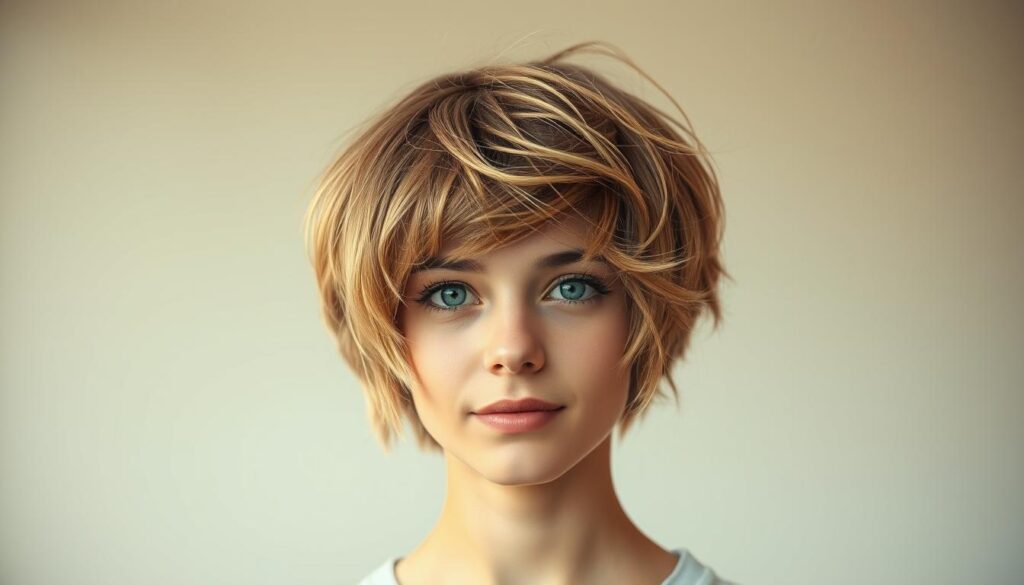 A young person with short, stylishly tousled hair in a classic asymmetrical bob haircut. The cut features choppy, textured layers that frame the face with a slightly vintage, edgy look. The lighting is soft and flattering, with a warm, golden tone that enhances the natural warmth of the hair color. The background is a minimalist, neutral setting that allows the subject to be the focal point. The overall mood is modern, youthful, and confident.