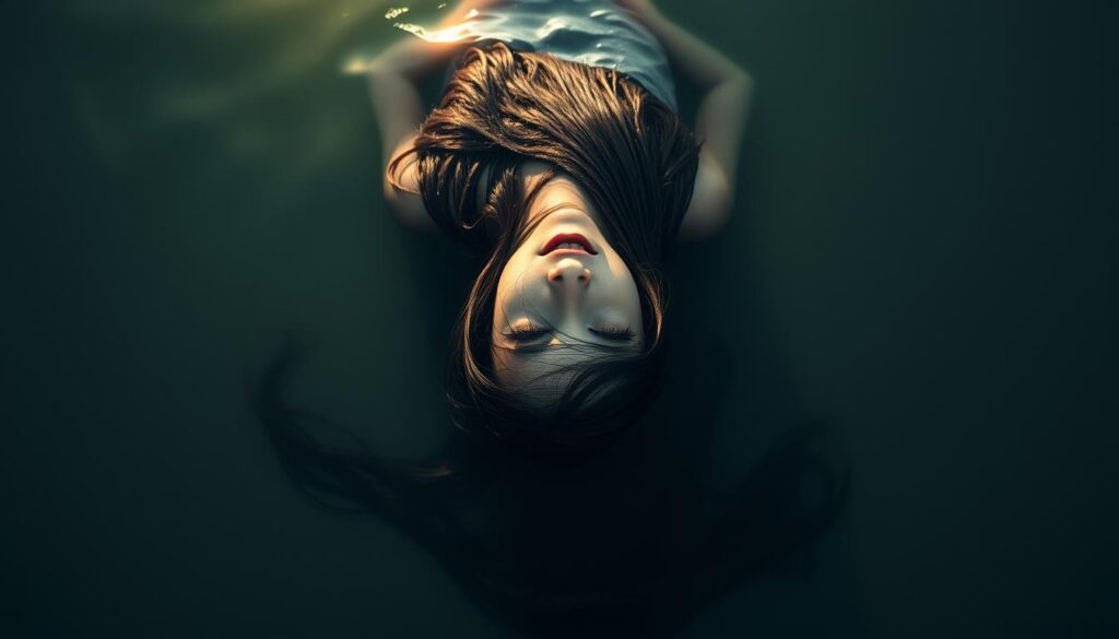 A young woman floating face-down in a tranquil body of water, her long hair billowing around her like a dark veil. Sunlight filters through the water, casting a warm glow on her delicate features. The scene evokes a sense of somber beauty, a testament to the fragility of life. The camera angle is low, creating an immersive perspective that draws the viewer into the somber moment. The water's surface is smooth and reflective, creating a mirror-like effect that enhances the dreamlike quality of the scene. The overall mood is one of contemplation and melancholy, inviting the viewer to reflect on the deeper meaning of the image.