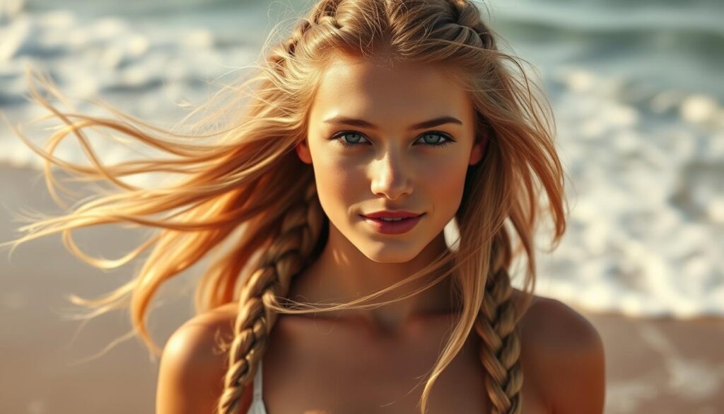 A young woman with flowing, waist-length mermaid-inspired hair, braided into an intricate, voluminous style. She stands on a sun-drenched beach, the waves crashing gently behind her. Her hair gleams with natural highlights, the braids cascading over her shoulders in an effortless, windswept manner. Warm, golden light bathes the scene, creating a serene, inviting atmosphere. The focus is on the intricate braid work, highlighting the texture and movement of the hair. The model's expression is calm and confident, embodying the carefree spirit of a beach-ready hairstyle.
