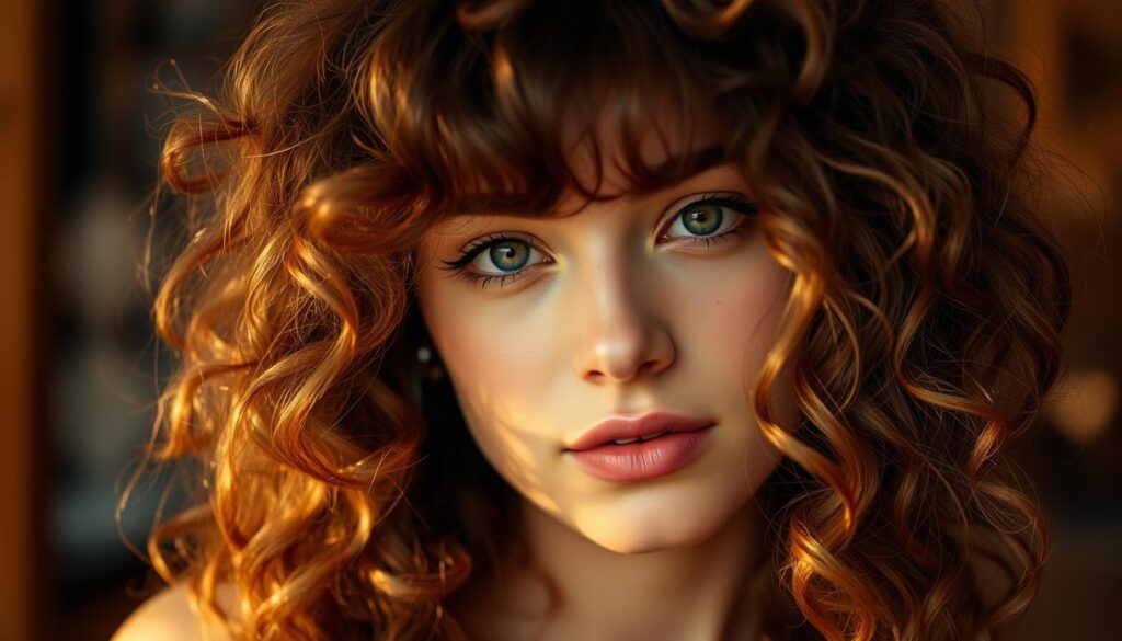 A young woman with luscious curly hair, softly framing her face. The curls have a natural, shaggy texture, cascading down past her shoulders in a tousled, effortless style. Warm, diffused lighting bathes the scene, creating a flattering, golden glow. The focus is on the woman's expressive features and the way her bangs playfully sweep across her forehead, adding a touch of whimsy and personality. The background is blurred, allowing the hair and face to be the star of the composition. An intimate, inviting atmosphere, conveying a sense of comfort and confidence.