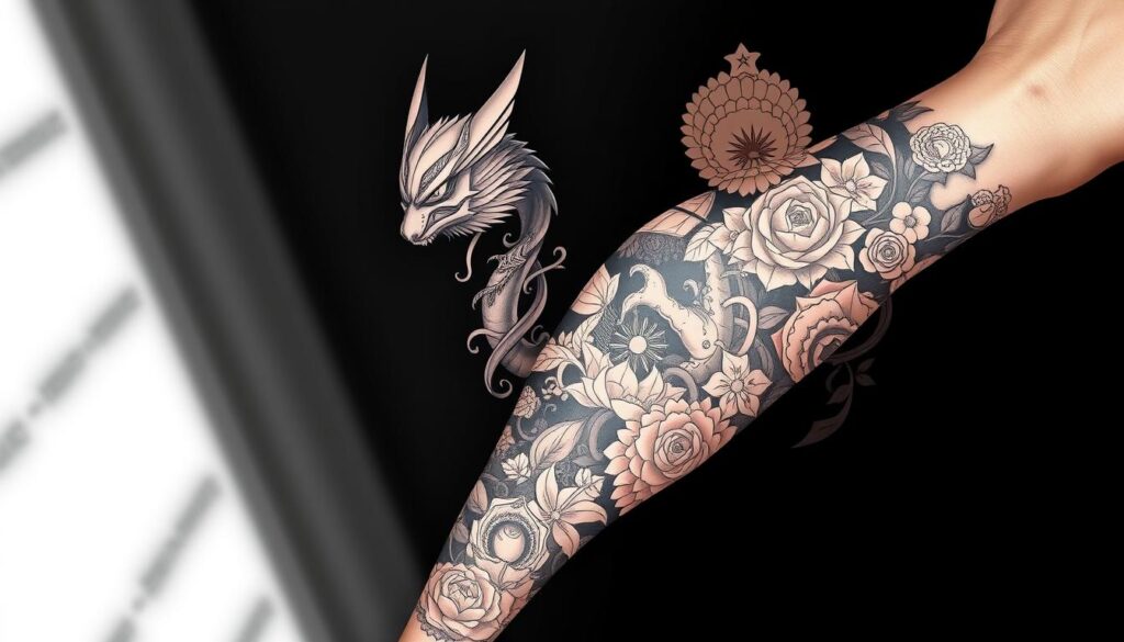 An intricate anime-inspired sleeve tattoo design, rendered in a highly detailed and realistic style. The foreground features a striking central motif, such as a powerful mythical creature or iconic anime character, rendered with bold lines, vibrant colors, and a sense of movement. The middle ground showcases a carefully curated arrangement of complementary elements, like smaller symbolic icons, stylized lettering, or delicate floral patterns, all seamlessly integrated into the overall sleeve composition. The background subtly suggests the form of the arm, with subtle highlights and shadows accentuating the contours of the limb. The overall mood is one of dynamic energy, visual interest, and a deep appreciation for the artistry of anime-influenced body art.