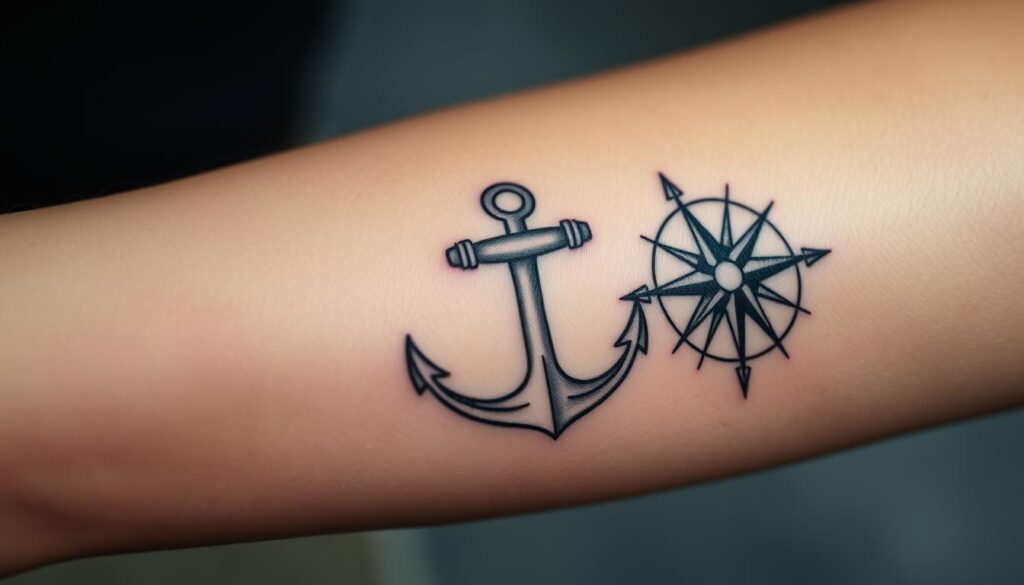 An intricately detailed anchor compass coordinates tattoo, the design etched into the skin with a delicate balance of light and shadow. The anchor, a symbol of stability and steadfastness, is meticulously rendered, its curves and edges casting soft shadows across the forearm. Surrounding it, a compass rose with precise coordinates points the way, a guiding light in the darkness. The tattoo is captured in a tight, close-up frame, highlighting the intricate linework and the depth of the shading. The overall mood is one of quiet contemplation, a reminder of the importance of direction and grounding in one's life journey.