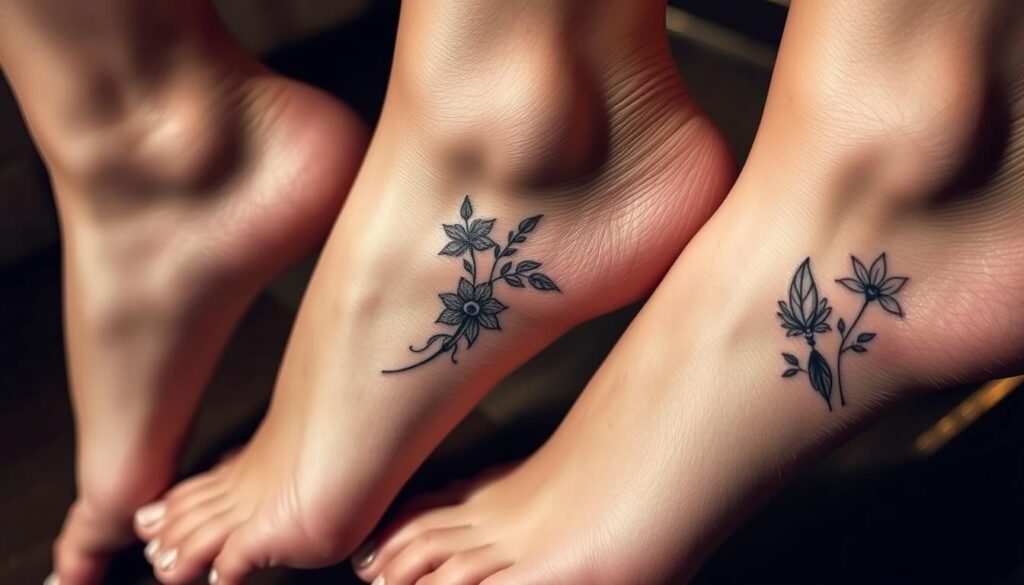 Ankle tattoo designs: a delicate canvas for intricate artwork. Graceful floral motifs, entwining vines, and delicate feathers adorn the ankles. Lighting casts a warm, natural glow, highlighting the intricate linework and soft shading. The designs are captured in a tight, detailed composition, showcasing the beauty and versatility of these small-scale body arts. The overall mood is one of elegance and understated style, inviting the viewer to imagine how these tattoos would look adorning the ankles of the wearer.