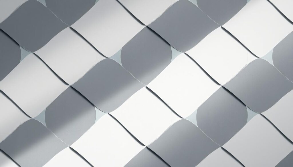 Captivating geometric patterns in a minimalist, modern design. A clean, symmetrical composition of interlocking shapes and lines, with a muted color palette of grays, whites, and soft blues. Overhead lighting casts subtle shadows, adding depth and dimension. The patterns flow seamlessly, creating a sense of balance and harmony. Sharp, precise edges contrasted by soft, organic forms. The overall aesthetic is sleek, sophisticated, and visually engaging - a perfect representation of the "Geometric Patterns and Shapes: Clean Lines, Modern Edge" theme.