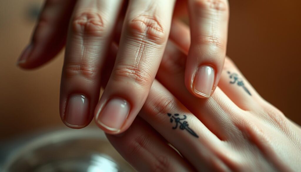 Delicate fingers adorned with intricate, minimalist tattoos. Close-up view showcasing fine lines and intricate designs, capturing the subtle beauty of finger ink. Softly lit, with a shallow depth of field to emphasize the tattoos. Warm, natural lighting casts gentle shadows, accentuating the texture of the skin. The overall mood is intimate and elegant, conveying the intimate connection between the tattoos and their wearer.