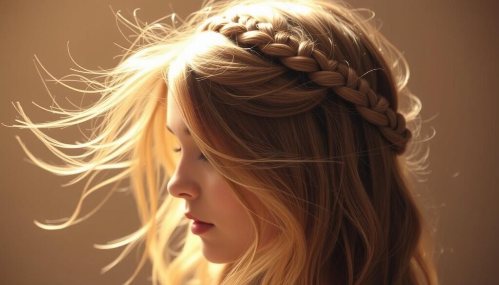 Delicate waterfall braid cascading from the crown of a model's head, softly framing her face. Romantic, windswept locks flowing in gentle waves, capturing the carefree spirit of the style. Warm, diffused lighting emphasizes the intricate texture and movement of the braid, creating a hazy, dreamlike atmosphere. Subtle highlights accentuate the model's natural hair color, while keeping the focus on the graceful, sweeping lines of the waterfall braid. A serene, ethereal portrait that embodies the breezy elegance of the hairstyle.