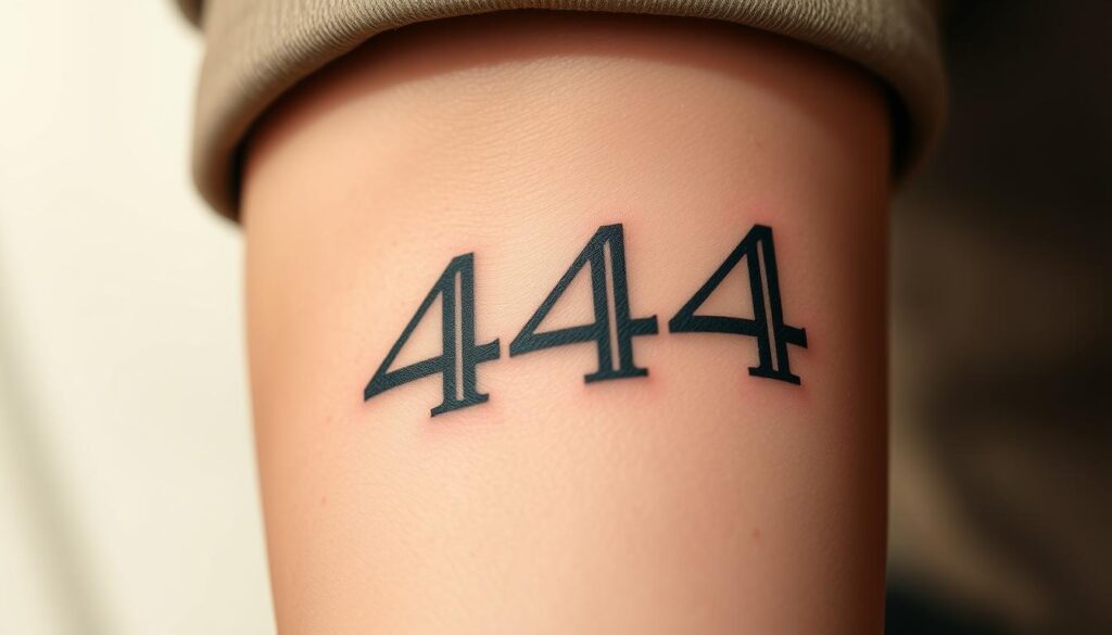 Detailed close-up of a bold, intricate Roman numeral 444 tattoo design, rendered in a classic blackwork style. The numerals are prominently displayed against a minimalist background, with crisp lines and subtle shading to accentuate the dimensional quality. The tattoo is positioned on the inner forearm, capturing the natural curves of the skin. Warm, soft lighting casts subtle shadows, emphasizing the depth and texture of the ink. The overall impression is one of timeless elegance and precise artistry, reflecting the significance and symbolism of the 444 motif.