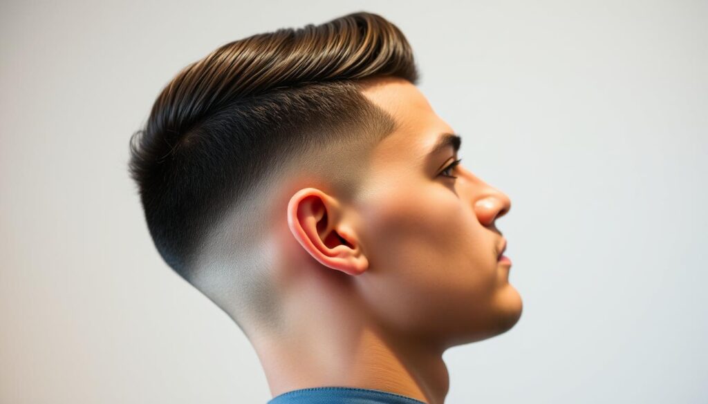 Detailed close-up of a classic fade taper hairstyle, shot in natural lighting with a shallow depth of field. The tapered sides and gradually fading top hair blend seamlessly, showcasing the precision of this timeless cut. The model's hair has a subtle sheen, indicating healthy, well-maintained strands. The background is a simple, clean studio setting, allowing the hairstyle to be the primary focus. The overall composition and lighting create a sense of elegance and sophistication, perfectly reflecting the essence of a classic fade taper.