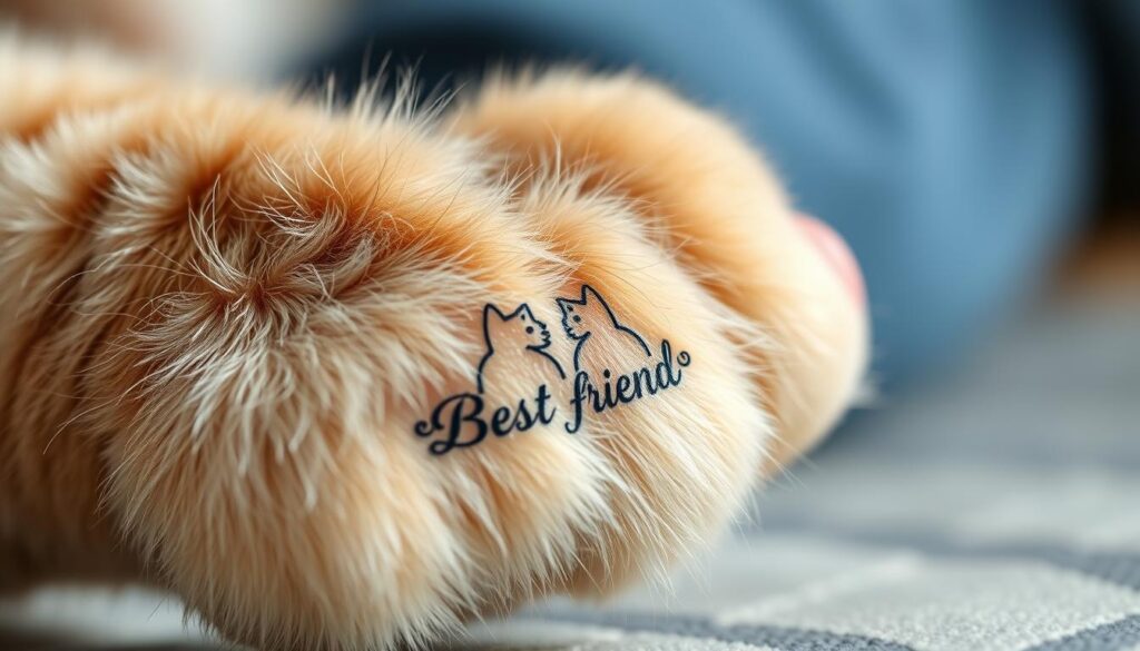 Detailed close-up portrait of a cat's paw with a delicate, intricate best friend tattoo design in black ink, featuring interlocking cat silhouettes. The tattoo is rendered with a fine-lined, minimalist aesthetic, capturing the bond between the cat and its owner. The paw is positioned prominently in the frame, with a soft, natural lighting that highlights the texture of the fur and the subtlety of the tattoo's linework. The background is blurred, placing the focus entirely on the intimate, personal nature of the tattoo and its meaning.