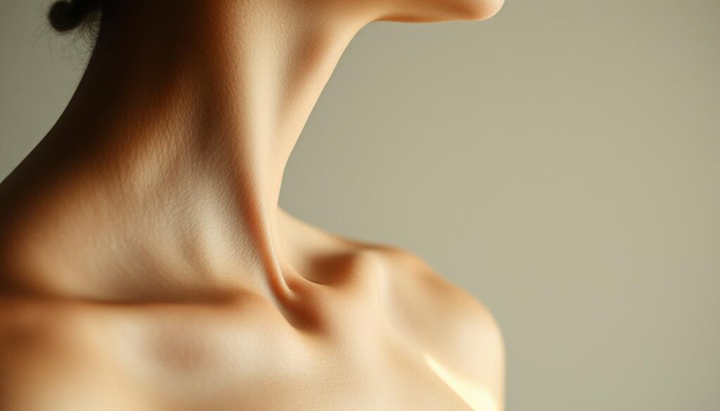 Detailed close-up view of a human right collarbone, lit by soft natural lighting from the side. The collarbone is prominent, with its elegant curve and distinct bony structure visible. The skin has a smooth, healthy texture. The image is shot from a low angle, accentuating the defined shape of the collarbone against a minimalist, neutral background that allows the subject to be the focus.