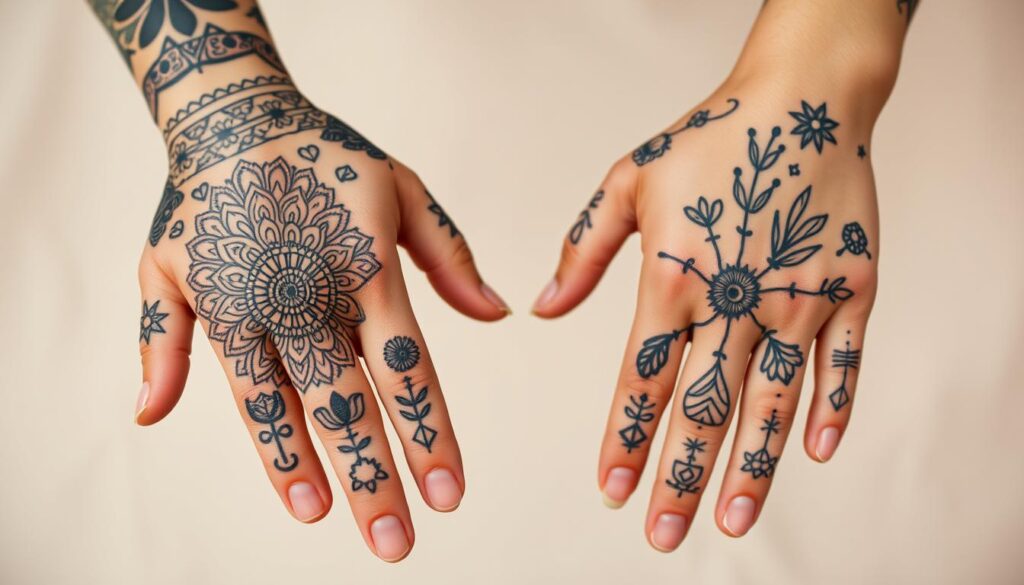Detailed, intricate hand tattoos with culturally symbolic motifs and heritage designs. Foreground features the delicate linework and shading of ornate mandalas, geometric patterns, and nature-inspired elements like flowers, leaves, and feathers. Midground showcases the hands in a serene, meditative pose, fingers slightly spread, against a neutral backdrop. Soft, even lighting illuminates the skin and tattoos, creating a calming, spiritual atmosphere. Captured from a slight high-angle perspective to emphasize the artistry and intentionality of the hand tattoos as an expressive form of cultural identity and personal heritage.