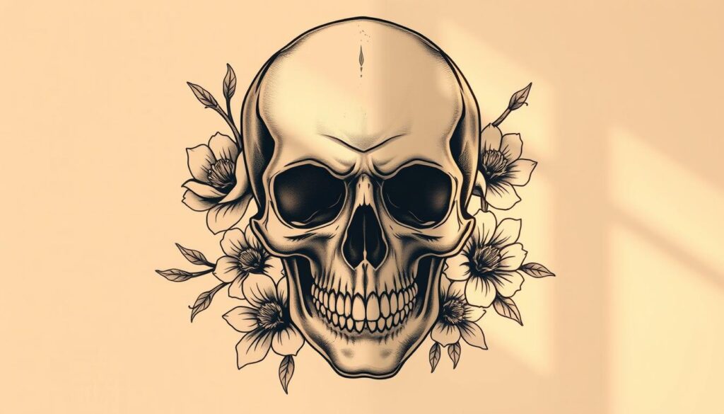 Detailed skull tattoo design with intricate linework and shadows, showcasing a serene yet powerful expression. The skull is positioned centrally, with a mysterious gaze and delicate floral elements surrounding it. Warm lighting from the side casts dramatic shadows, creating depth and dimension. The design evokes a sense of the duality between life and death, with a balanced and contemplative mood. Rendered in a refined, photorealistic style with a muted color palette to accentuate the tattoo artwork.