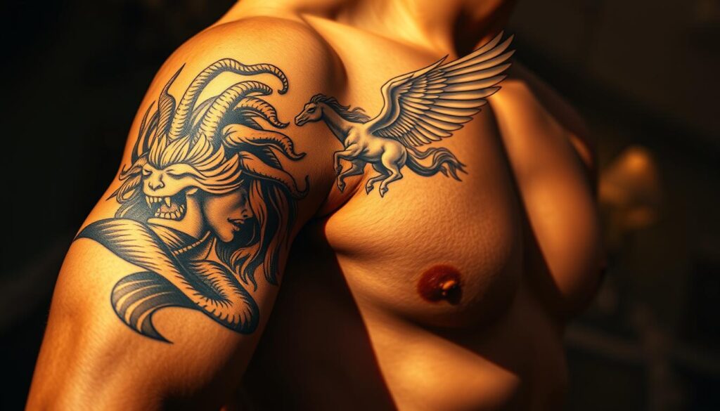 Intricate Greek mythology tattoos adorning a toned, muscular arm. The foreground features a detailed depiction of the Medusa's head, her serpentine locks writhing with power. In the middle ground, a majestic Pegasus takes flight, its wings unfurled against a backdrop of swirling clouds. The composition is bathed in a warm, golden light, casting dramatic shadows that accentuate the tattoos' depth and texture. The overall scene exudes a sense of ancient mysticism and the indomitable spirit of Greek mythology.