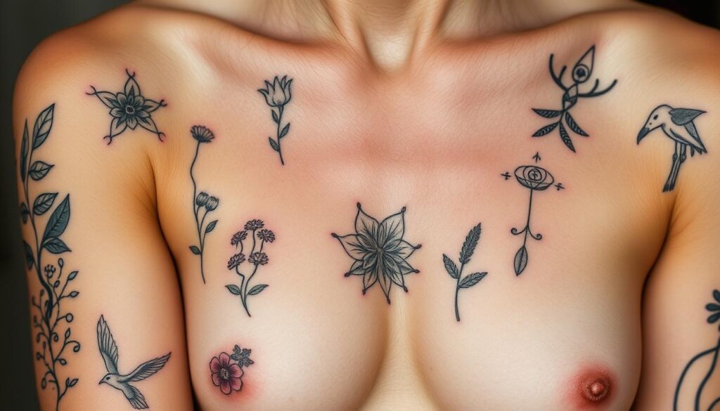 Intricate line-work tattoos, delicate floral designs, and symbolic imagery adorn the canvas of a human body. The image showcases a collection of meaningful tattoo ideas that capture life's precious moments, cherished memories, and personal philosophies. Soft, natural lighting illuminates the skin, highlighting the intricate details and the stories they tell. The composition features a balanced arrangement of various tattoo styles and placements, creating a visually captivating and inspiring display. The overall mood is one of thoughtfulness, self-expression, and a deep connection between the individual and their chosen tattoo designs.