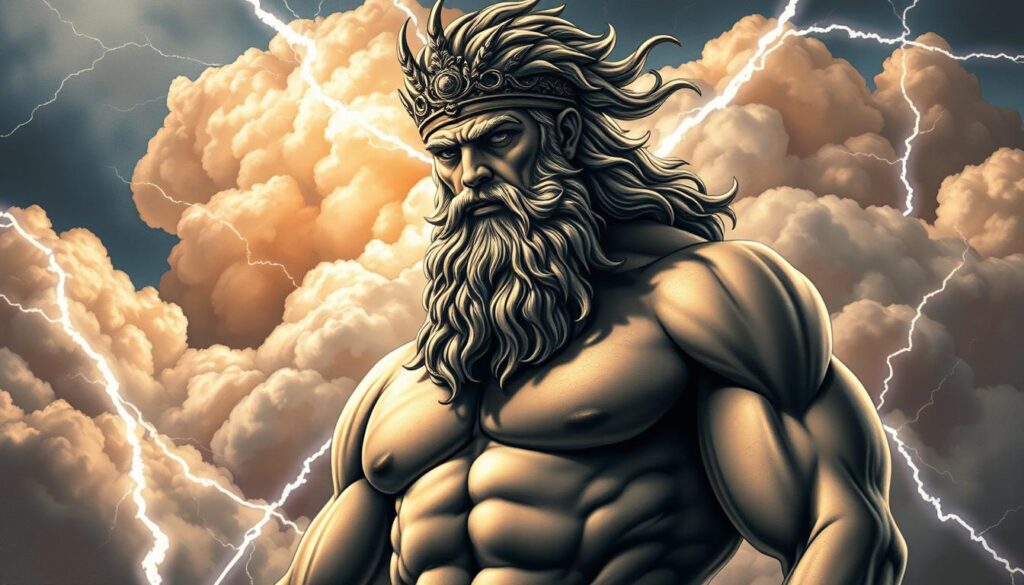 Majestic Zeus, the Olympian god, depicted in a striking tattoo design. In the foreground, the powerful figure of Zeus dominates, his chiseled physique and commanding presence exuding an aura of divine authority. Detailed lightning bolts crackle around him, symbolizing his mastery over the sky and storms. In the middle ground, a shimmering cloudy backdrop sets the stage, hinting at the celestial realm he presides over. Dramatic lighting casts dramatic shadows, emphasizing the god's imposing stature and stoic expression. The overall composition conveys a sense of ancient grandeur and the unparalleled strength of the Greek pantheon's king.