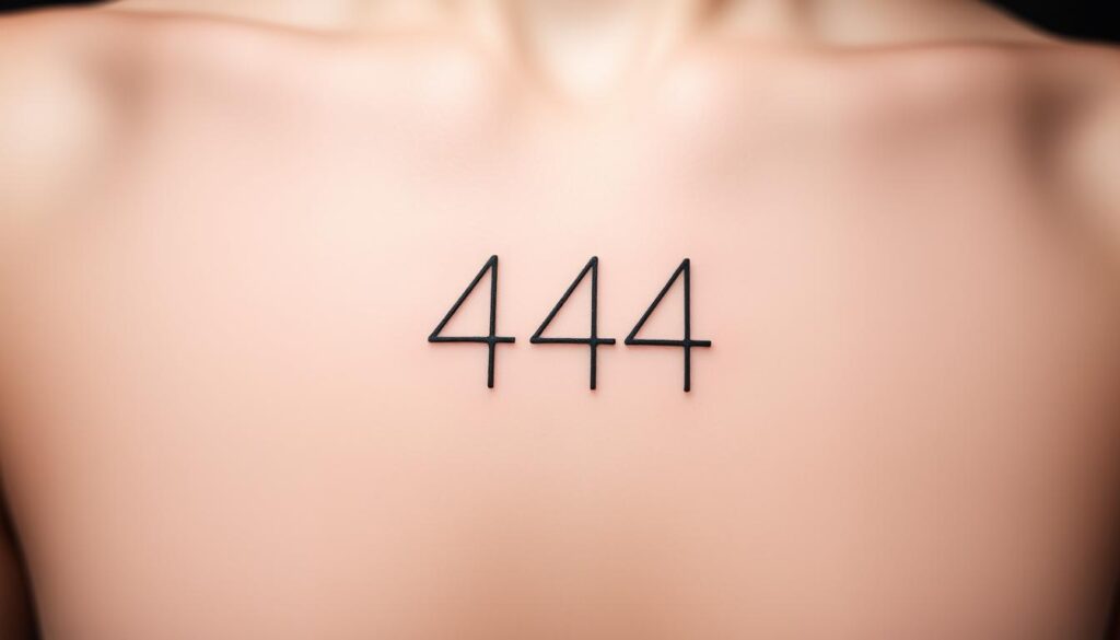 Minimalist 444 tattoo design with a clean, refined aesthetic. A simple yet impactful outline of the number 444 centered on a plain, white background. The lines are crisp and uniform, creating a balanced, symmetrical composition. Subtle shadows and highlights add depth and dimension to the design, giving it a sense of elegant simplicity. The overall mood is one of understated sophistication, allowing the minimalist elegance of the tattoo to shine. Captured with a close-up, frontal camera angle to emphasize the focal point of the 444 symbol. Soft, diffused lighting casts a gentle glow, enhancing the minimalist refinement of the design.