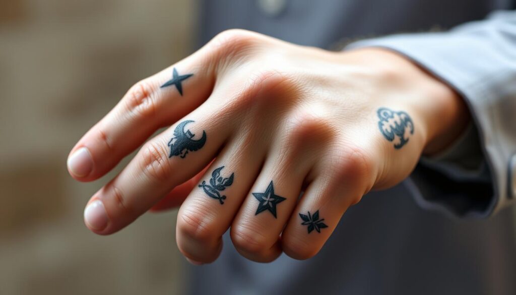 Placement guide finger tattoos men: a close-up, medium shot of a male hand with various finger tattoo designs, showcasing a range of subtle to bold placements. The hand is positioned in a natural, relaxed pose, with the fingers slightly spread, allowing the tattoos to be clearly visible. The lighting is soft and natural, accentuating the intricate details of the tattoos. The background is blurred, creating a focus on the hand and the tattoo designs. The overall mood is one of elegance and personal expression, highlighting the versatility and artistry of finger tattoos for men.