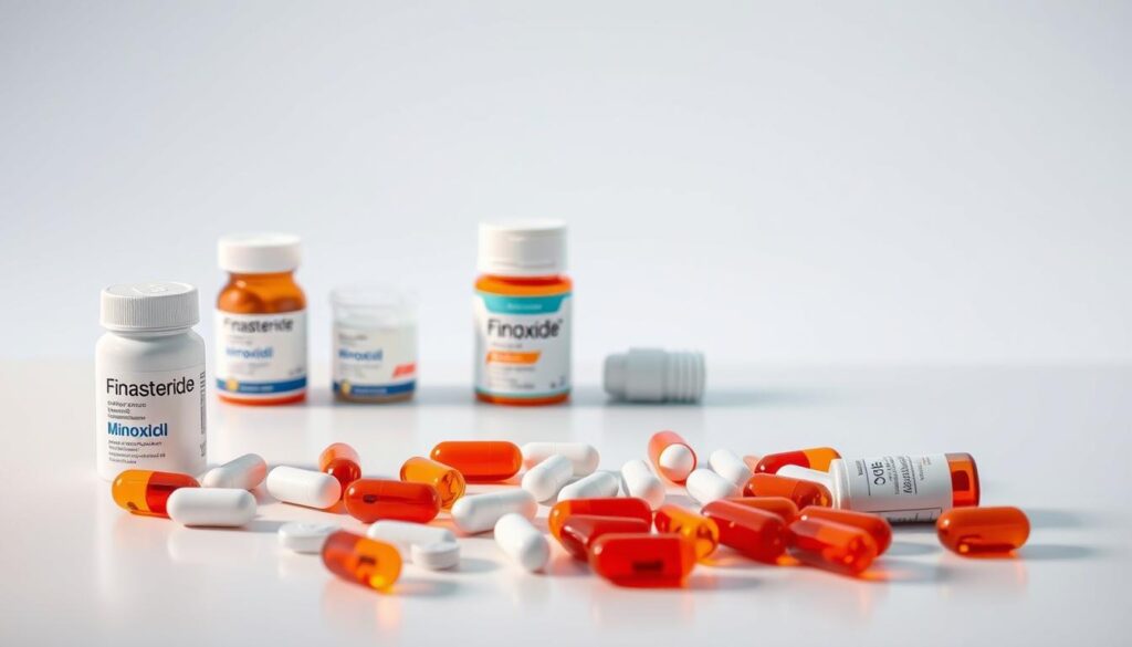 Prescription hair loss medications, a medley of capsules and tablets arranged on a sleek, minimalist surface. The foreground features a selection of popular treatments - Finasteride, Minoxidil, and Dutasteride - each presented in their distinctive packaging, cast in warm, directional lighting that accentuates their forms. In the middle ground, a crisp, white background provides a clean canvas, allowing the medications to take center stage. The overall composition conveys a sense of clinical efficacy, with the products positioned as the centerpiece of a specialized, evidence-based solution for hair restoration.
