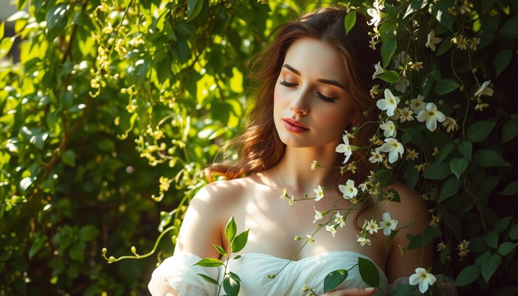 Soft, ethereal botanical growth enveloping a feminine figure, delicate floral tendrils caressing her skin in a serene, dreamlike embrace. Lush, vibrant greenery cascading from the background, creating an aura of tranquil, nurturing energy. Dappled lighting filters through the verdant foliage, casting a warm, golden glow upon the scene. Elegant, flowing lines and organic forms evoke a sense of graceful, sisterly connection. The composition balanced with a harmonious, symmetrical arrangement, radiating a sense of harmony and spiritual kinship.