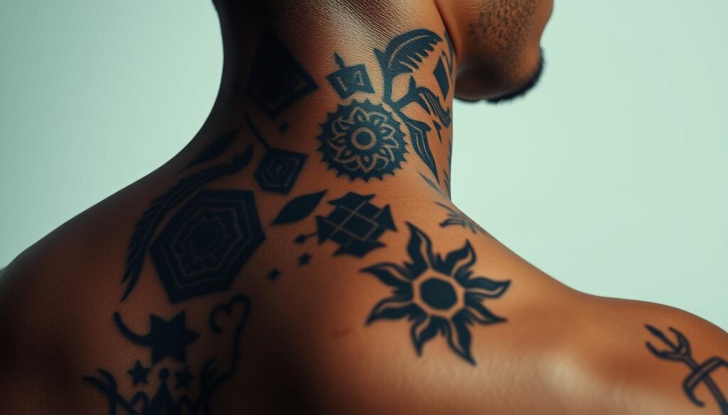 Trending design ideas neck tattoos: a detailed close-up of the back of a black man's neck, showcasing a collection of intricate, eye-catching tattoo designs. The tattoos feature a mix of geometric patterns, tribal motifs, and abstract elements, expertly balanced and harmonized across the canvas of the skin. Soft, directional lighting casts subtle shadows, accentuating the depth and textures of the artwork. The composition is framed tightly, focusing the viewer's attention on the striking tattoo designs and their seamless integration with the subject's physique. The overall mood is one of contemporary elegance and refined artistic expression.