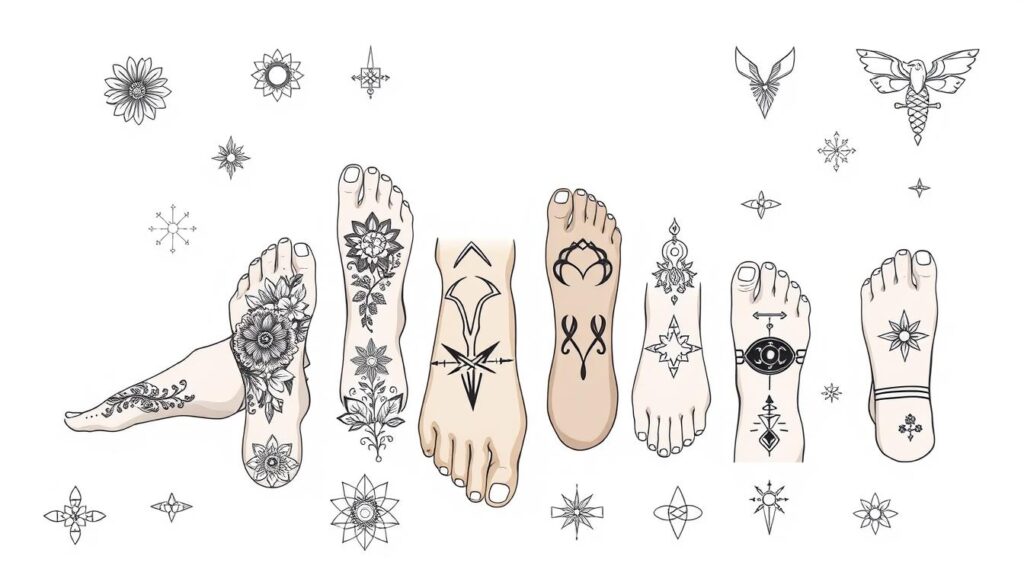 Trending foot tattoos for women, men, and everyone: a high-detailed illustration depicting a diverse collection of intricate, minimalist, and delicate foot tattoo designs against a clean, modern background. The foreground showcases various stylized tattoos such as intricate floral patterns, geometric shapes, inspirational words, and symbolic motifs meticulously rendered with smooth lines and subtle shading. The middle ground features feet in different poses, with a range of skin tones and styles, to capture the inclusive and diverse nature of the subject. The background is a simple, neutral tone that allows the tattoo designs to take center stage, creating a visually striking and aspirational image.