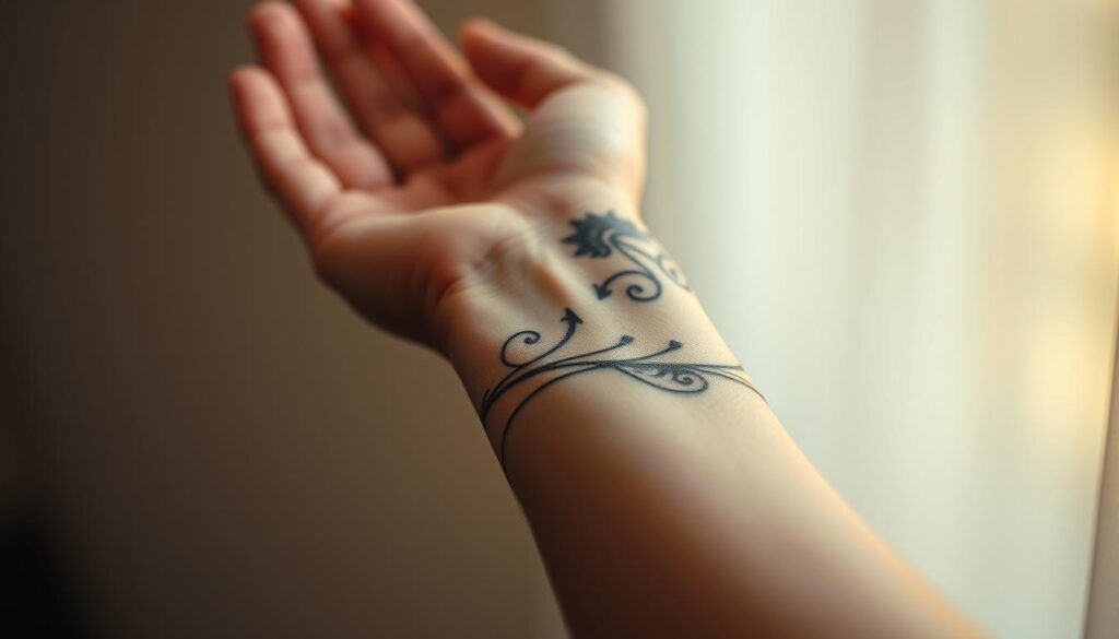 Wrist, featuring a captivating tattoo design that wraps around the forearm. The tattoo is intricately detailed, with delicate lines and intricate patterns that dance across the skin. The wrist is positioned in a relaxed, natural pose, highlighting the artwork. Soft, diffused lighting casts a warm glow, accentuating the tattoo's depth and texture. The background is blurred, keeping the focus on the wrist and its unique adornment. The overall composition conveys a sense of personal expression and the wearer's individuality. The image showcases the versatility and allure of wrist tattoos, inviting the viewer to explore the possibilities of this intimate form of body art.