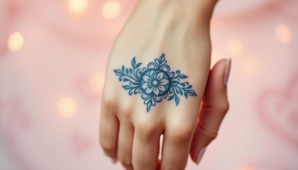 a beautiful wedding ring tattoo design on a hand, with intricate floral patterns and delicate lace-like elements, set against a soft, romantic background with a warm, dreamy lighting that highlights the intricate details of the tattoo, capturing the elegance and timeless beauty of a wedding ring tattoo that would be perfect for any couple's style.
