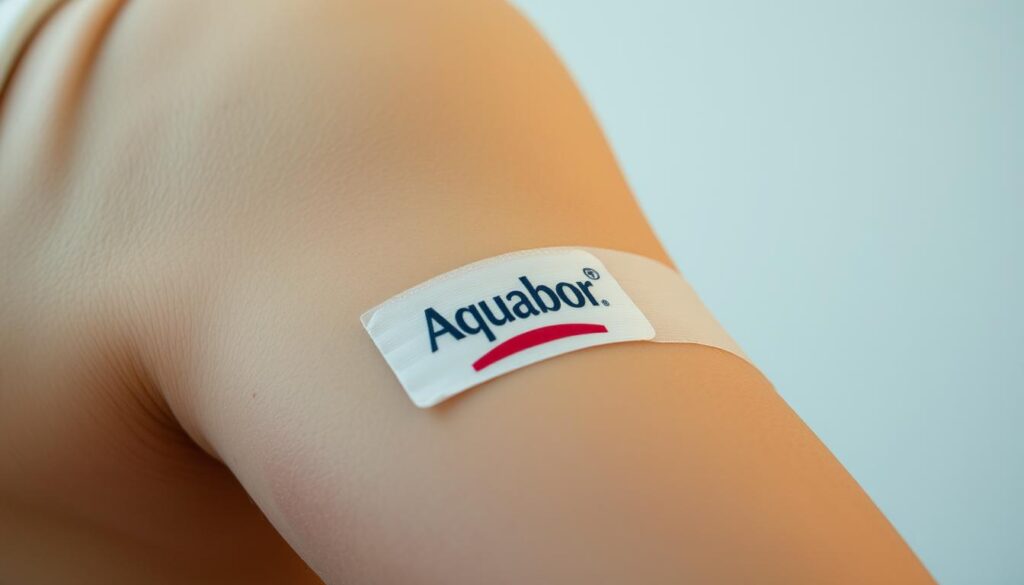 a close-up photo of a freshly bandaged tattoo on a person's arm, with a layer of clear ointment such as Aquaphor covering the design. The skin around the tattoo appears slightly reddened and irritated, but the bandage is securely in place. The lighting is soft and diffused, creating a soothing, relaxing atmosphere. The camera angle is slightly angled to highlight the intricate details of the tattoo and the application of the aftercare product. The background is blurred, keeping the focus solely on the healing process of the new ink.
