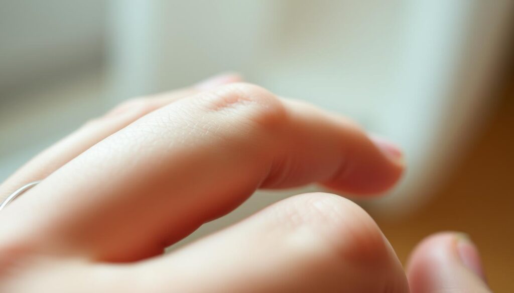 a close-up view of a human hand, with the ring finger in focus, against a soft, blurred background. The skin is smooth and healthy, with well-groomed nails. The lighting is soft and diffused, creating a warm and intimate atmosphere. The angle is slightly angled, creating a sense of depth and emphasizing the texture and details of the finger. The image should convey a sense of anticipation and preparation for the upcoming wedding ring tattoo, with the finger acting as the central subject.
